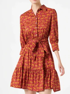 Abito corto in cotone stampa animalier con ricami