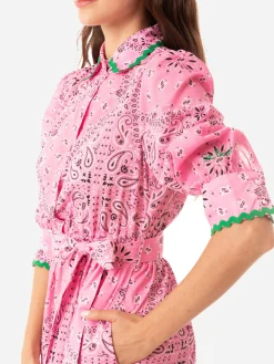 Abito corto in cotone stampa bandana con ricami
