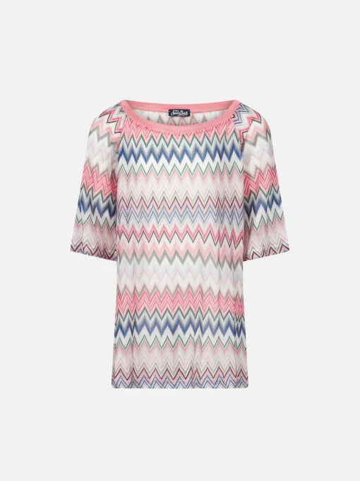 Abito da bambina in maglia rosa fantasia chevron