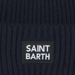 Berretto da bambino blu a coste con etichetta Saint Barth