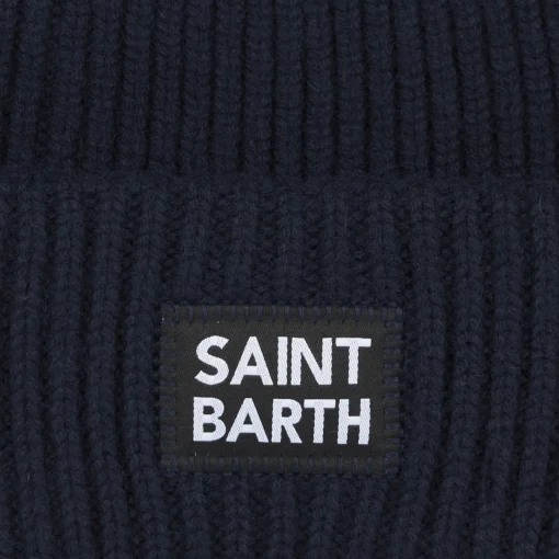 Berretto da bambino blu a coste con etichetta Saint Barth