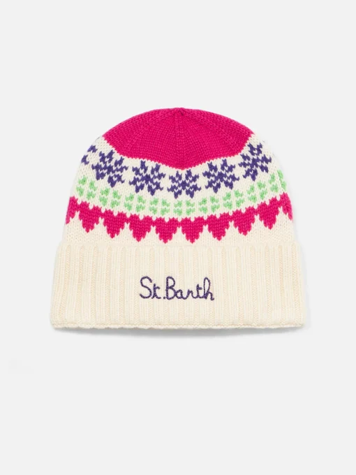 Berretto da donna bianco con stampa cuori fair isle