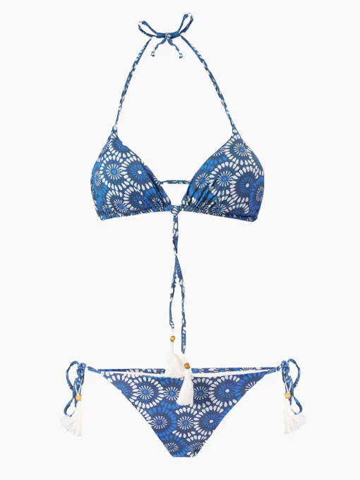 Bikini a triangolo con stampa denim a fiori