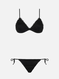 Bikini a triangolo nero risvolto con tulle lucido nero