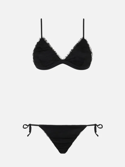 Bikini a triangolo nero risvolto con tulle lucido nero