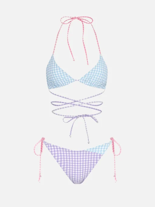 Bikini a triangolo vichy con laccetti lunghi