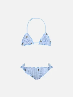 Bikini classico a triangolo da bambina in seersucker Cris con ricamo ape
