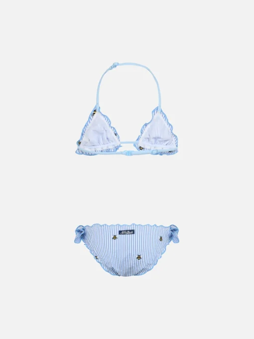 Bikini classico a triangolo da bambina in seersucker Cris con ricamo ape
