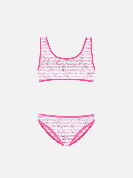 Bikini da bambina a bralette rigato crinkle con piping