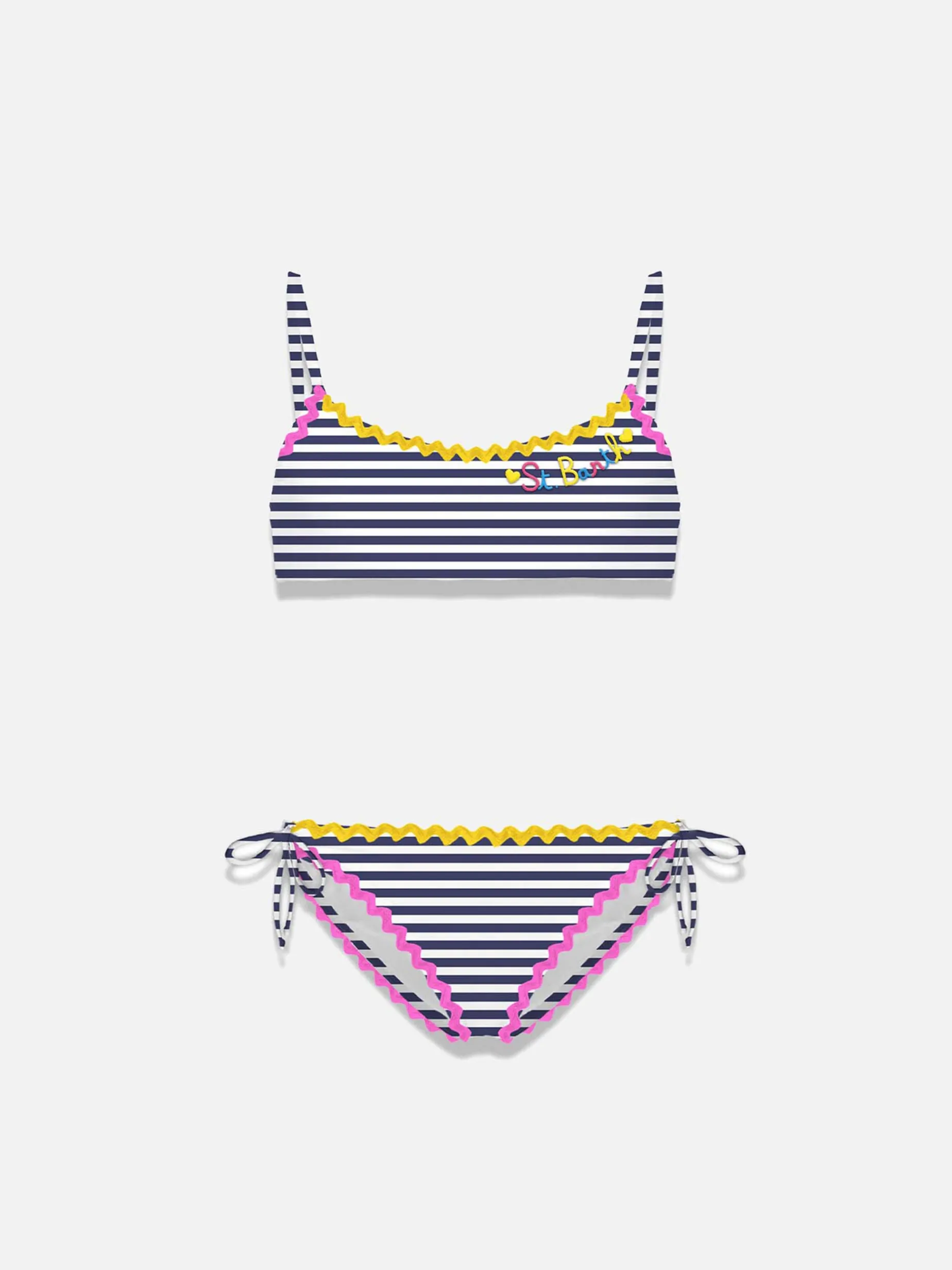 Bikini da bambina a bralette con righe blu navy