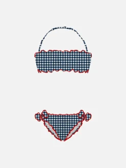 Bikini da bambina a fascia con stampa vichy