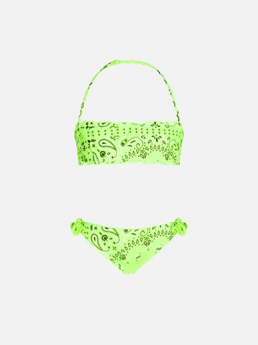 Bikini da bambina a fascia con stampa bandana giallo fluo