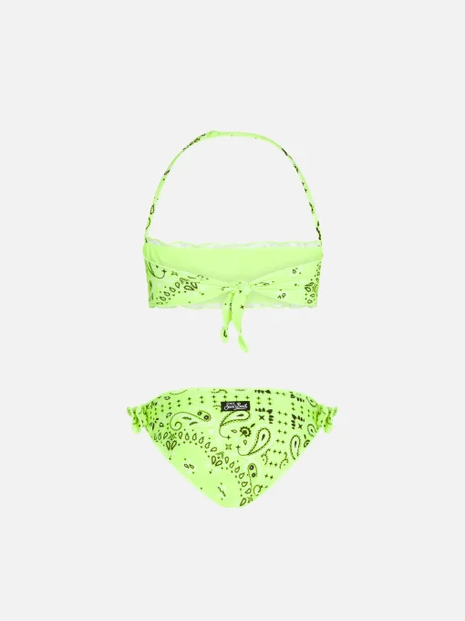 Bikini da bambina a fascia con stampa bandana giallo fluo