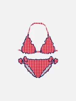 Bikini da bambina a triangolo con stampa vichy rossi