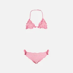 Bikini da bambina a triangolo con stampa vichy rosa