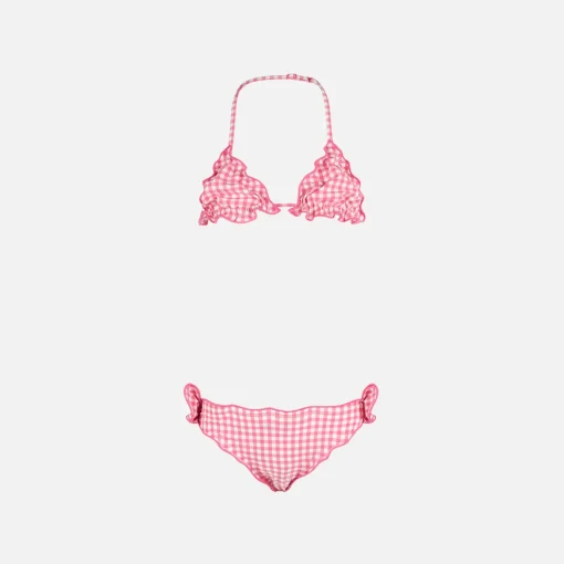 Bikini da bambina a triangolo con stampa vichy rosa