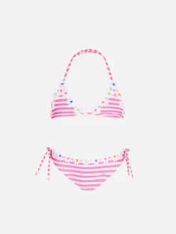 Bikini da bambina a triangolo con righe rosa fluo