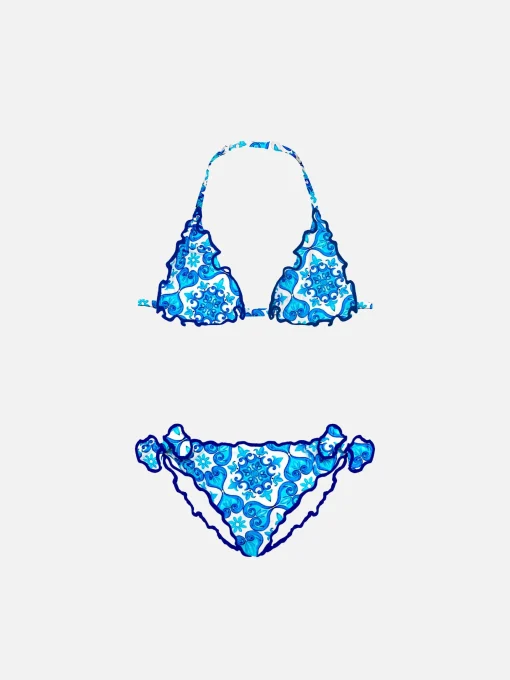 Bikini da bambina a triangolo con stampa maiolica
