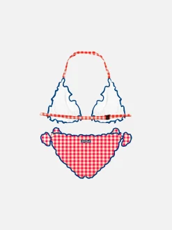 Bikini da bambina a triangolo con stampa vichy rossi