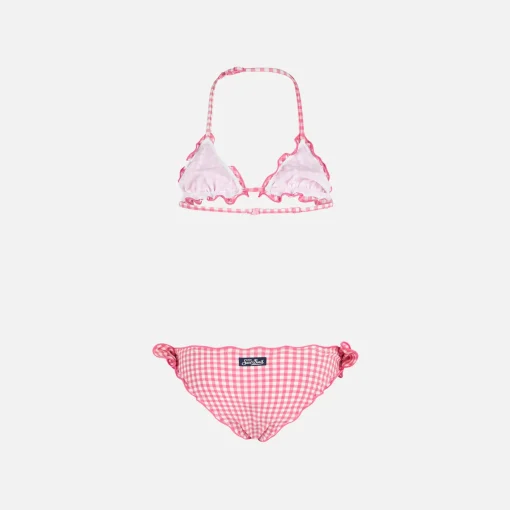 Bikini da bambina a triangolo con stampa vichy rosa