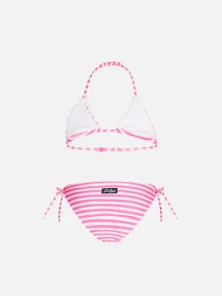 Bikini da bambina a triangolo con righe rosa fluo