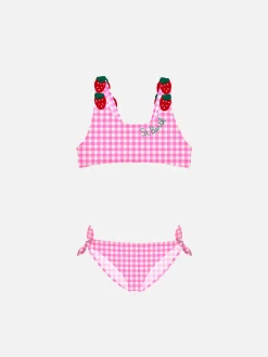 Bikini da bambina stampa vichy rosa con fragola applicata