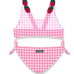 Bikini da bambina stampa vichy rosa con fragola applicata