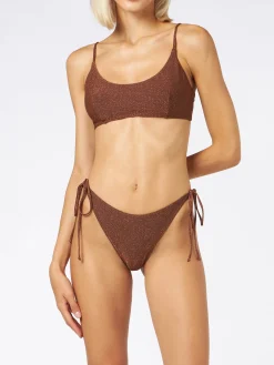 Bikini da donna a bralette in lurex marrone