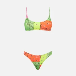 Bikini da donna a bralette con stampa bandana fluo