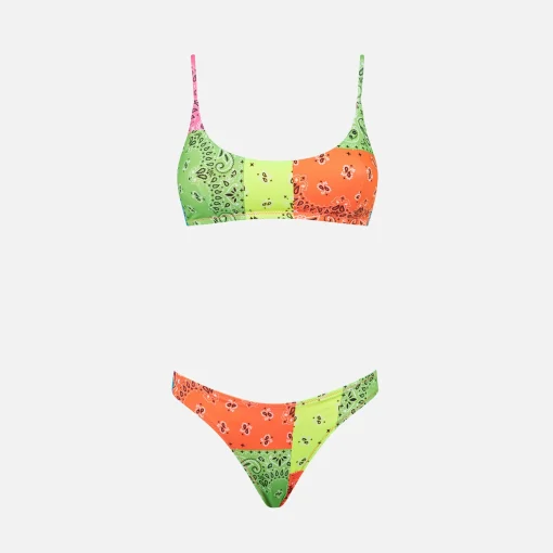 Bikini da donna a bralette con stampa bandana fluo