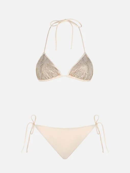 Bikini da donna a triangolo beige con strass