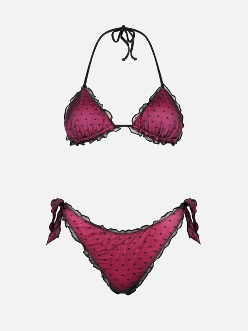 Bikini fucsia lucido con tulle nero a pois
