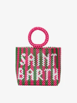 Borsa a mano con perline a righe rosa e verdi