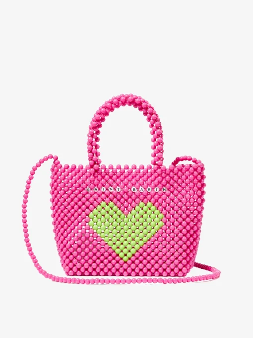 Borsa a mano rosa con perline e cuore verde