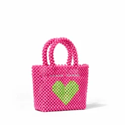 Borsa a mano rosa con perline e cuore verde