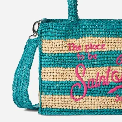 Borsa Colette in rafia a righe bianche e bluette