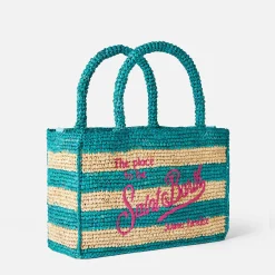 Borsa Colette in rafia a righe bianche e bluette