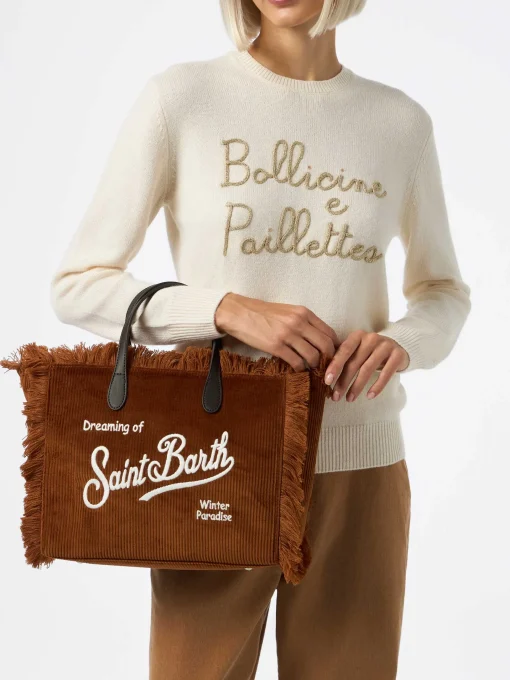 Borsa Colette in velluto a coste marrone con ricamo del logo