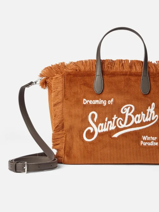 Borsa Colette in velluto a coste marrone con ricamo del logo