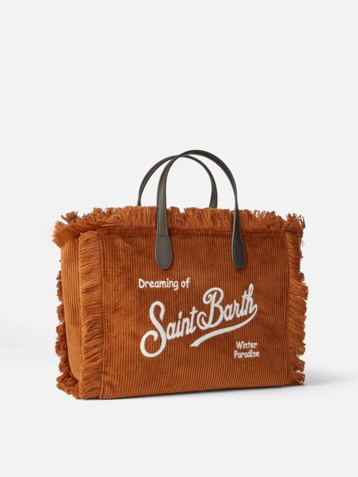 Borsa Colette in velluto a coste marrone con ricamo del logo