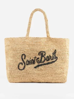 Borsa da spiaggia in rafia a righe beige con custodia in cotone