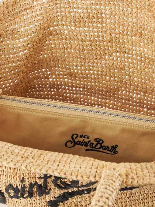 Borsa da spiaggia in rafia a righe beige con custodia in cotone
