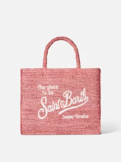Borsa in rafia rosa Vanity con ricamo Saint Barth