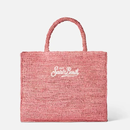 Borsa in rafia rosa Vanity con ricamo Saint Barth