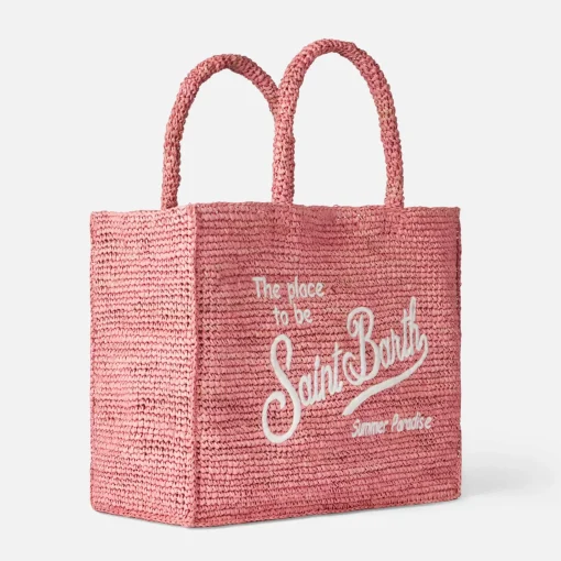 Borsa in rafia rosa Vanity con ricamo Saint Barth