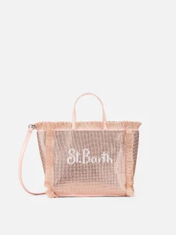Borsa Mini Vanity con frange e strass rose gold