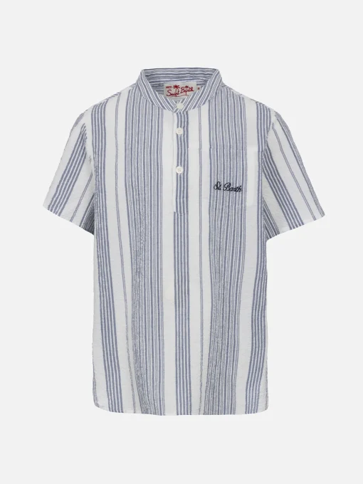Camicia da bambino in seersucker a maniche corte con stampa a righe