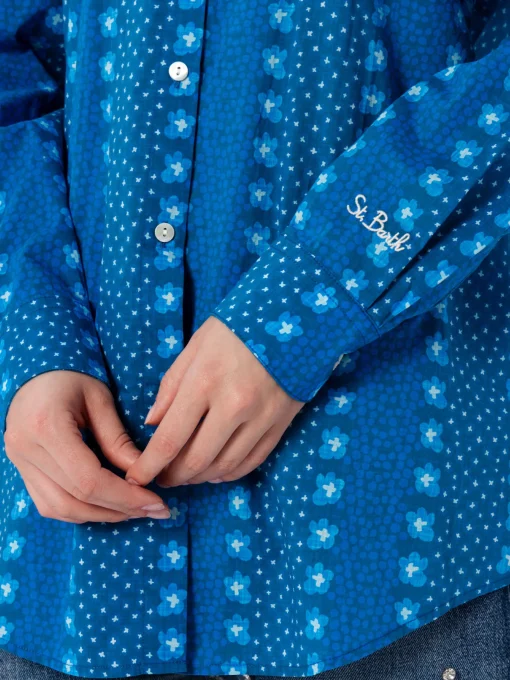 Camicia da donna Brigitte in cotone con stampa fiori indaco