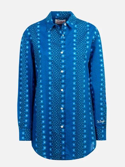 Camicia da donna Brigitte in cotone con stampa fiori indaco