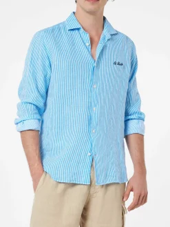 Camicia da uomo in lino rigato turchese Pamplona